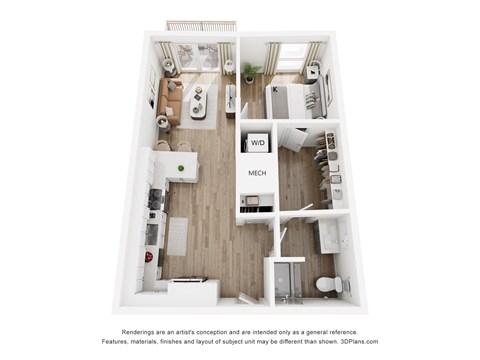 Floor plan for 1 bed, 1 bath, 646 sqft